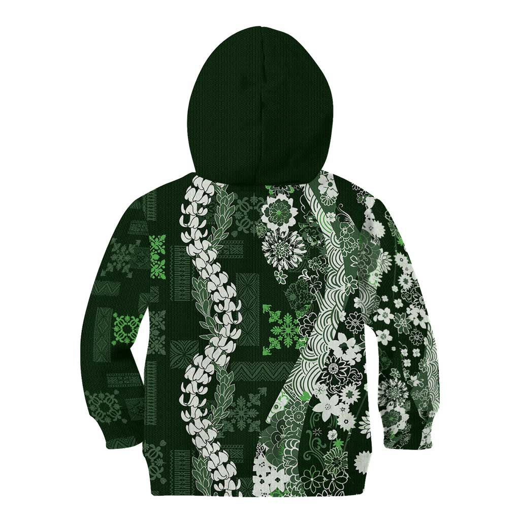 Hawaii Puakenikeni and Maile Lei Kid Hoodie Green Japanese Wave Style - Polynesian Pride
