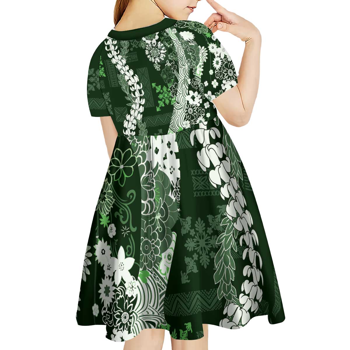 Hawaii Puakenikeni and Maile Lei Kid Short Sleeve Dress Green Japanese Wave Style - Polynesian Pride