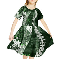 Hawaii Puakenikeni and Maile Lei Kid Short Sleeve Dress Green Japanese Wave Style - Polynesian Pride