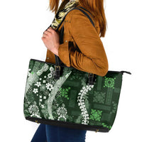 Hawaii Puakenikeni and Maile Lei Leather Tote Bag Green Japanese Wave Style LT9 Green - Polynesian Pride
