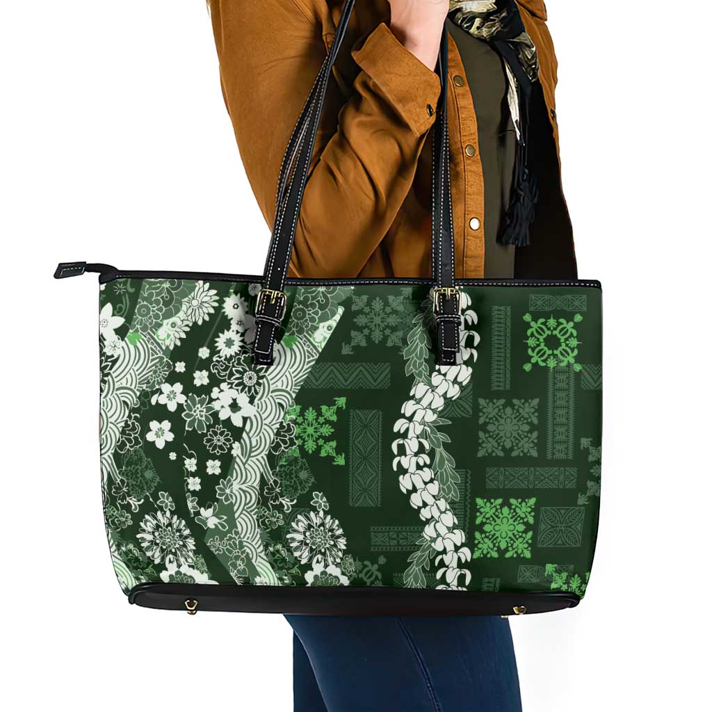 Hawaii Puakenikeni and Maile Lei Leather Tote Bag Green Japanese Wave Style LT9 - Polynesian Pride