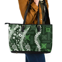 Hawaii Puakenikeni and Maile Lei Leather Tote Bag Green Japanese Wave Style LT9 - Polynesian Pride