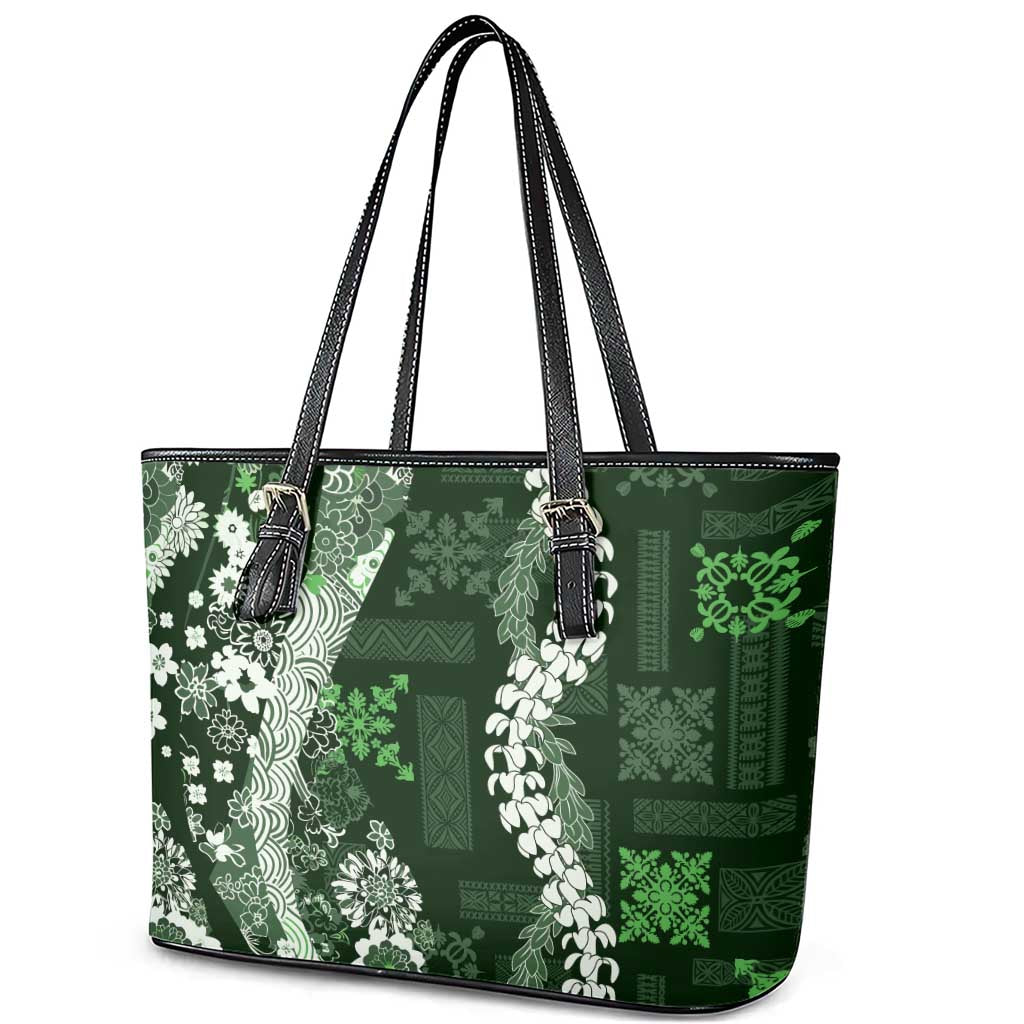 Hawaii Puakenikeni and Maile Lei Leather Tote Bag Green Japanese Wave Style LT9 - Polynesian Pride