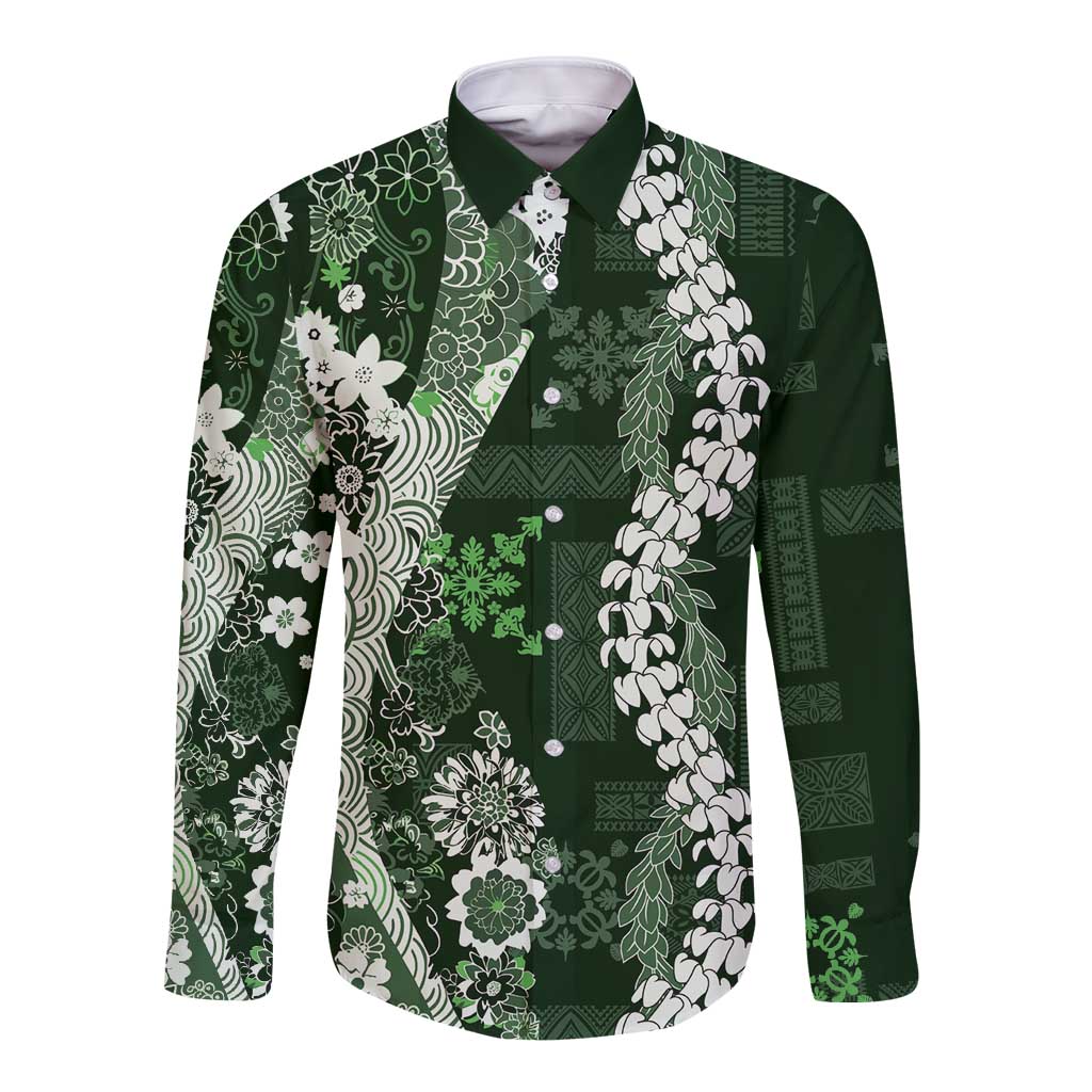 Hawaii Puakenikeni and Maile Lei Long Sleeve Button Shirt Green Japanese Wave Style - Polynesian Pride