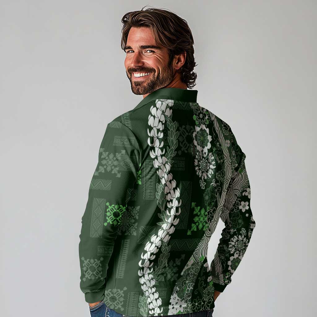 Hawaii Puakenikeni and Maile Lei Long Sleeve Polo Shirt Green Japanese Wave Style - Polynesian Pride