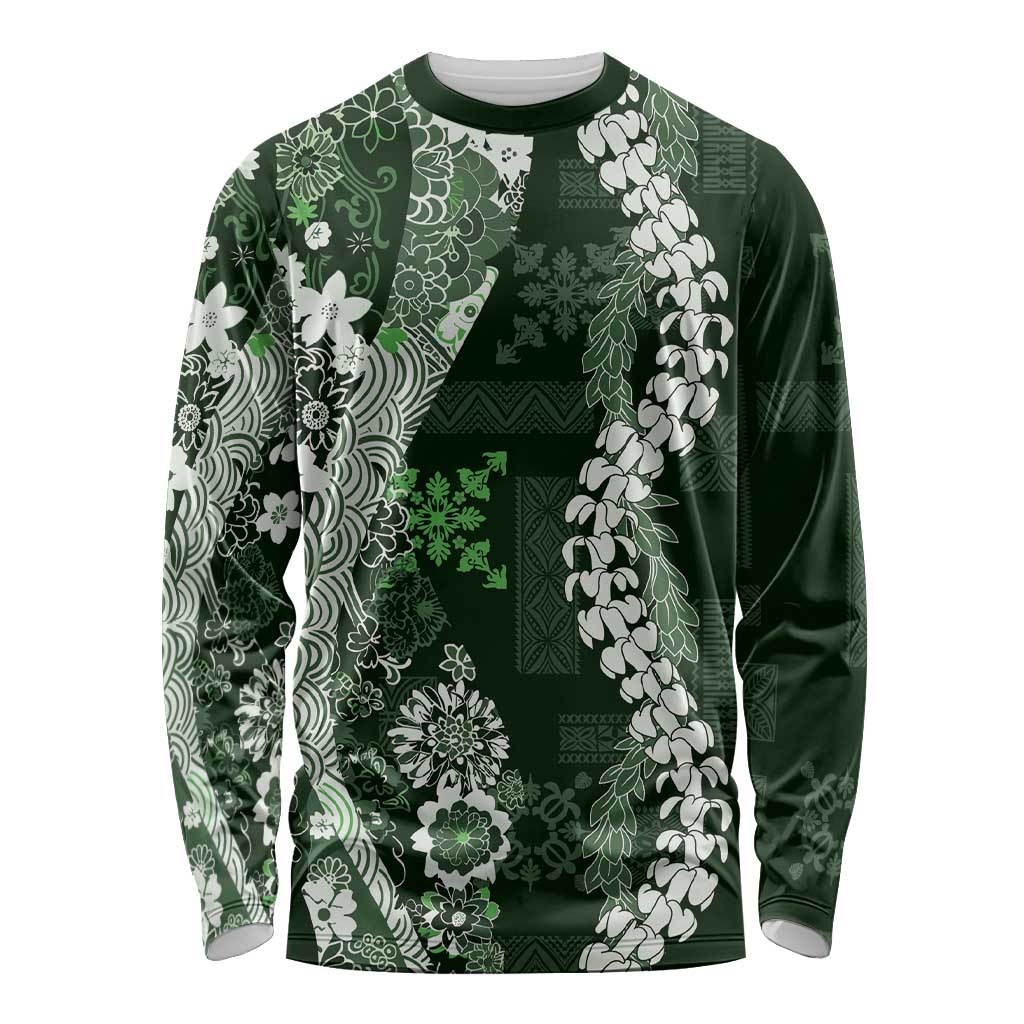 Hawaii Puakenikeni and Maile Lei Long Sleeve Shirt Green Japanese Wave Style LT9 Unisex Green - Polynesian Pride