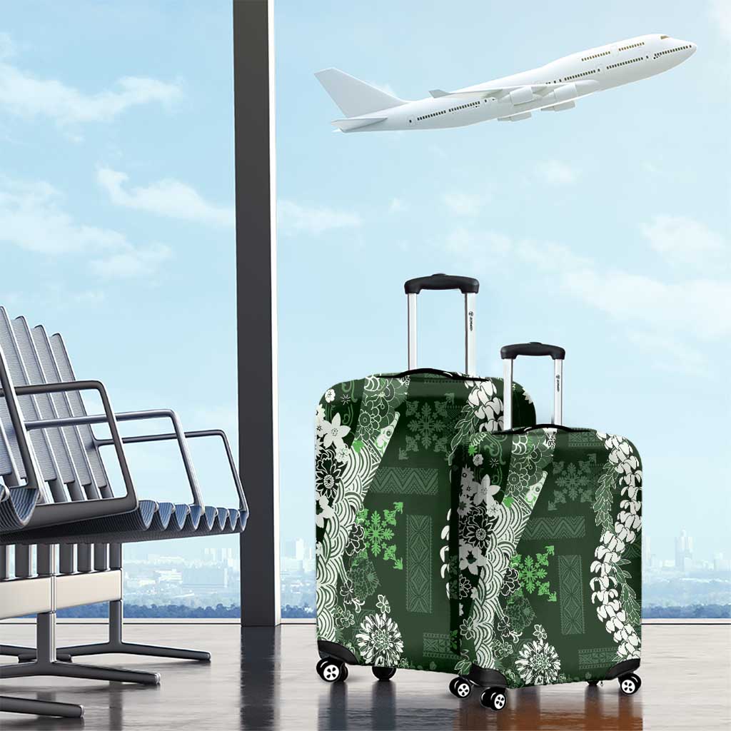 Hawaii Puakenikeni and Maile Lei Luggage Cover Green Japanese Wave Style - Polynesian Pride