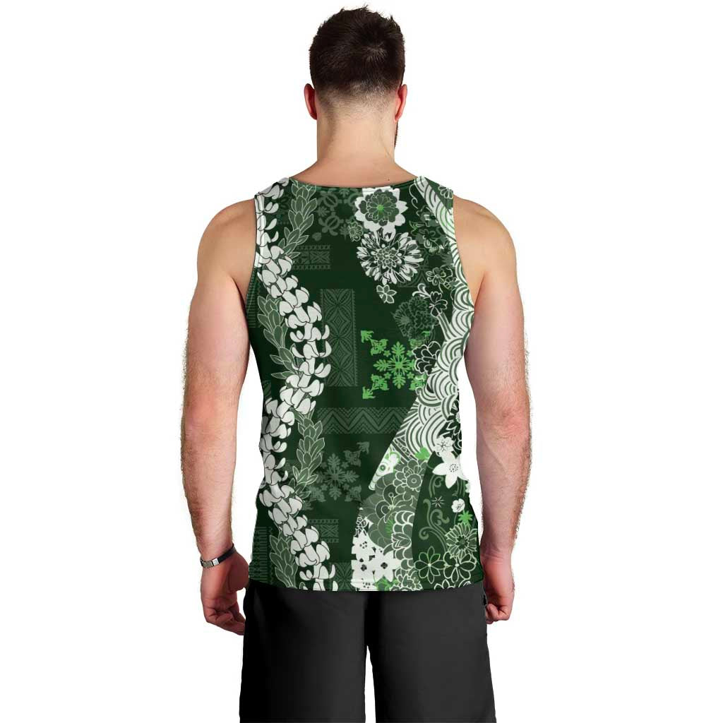 Hawaii Puakenikeni and Maile Lei Men Tank Top Green Japanese Wave Style - Polynesian Pride