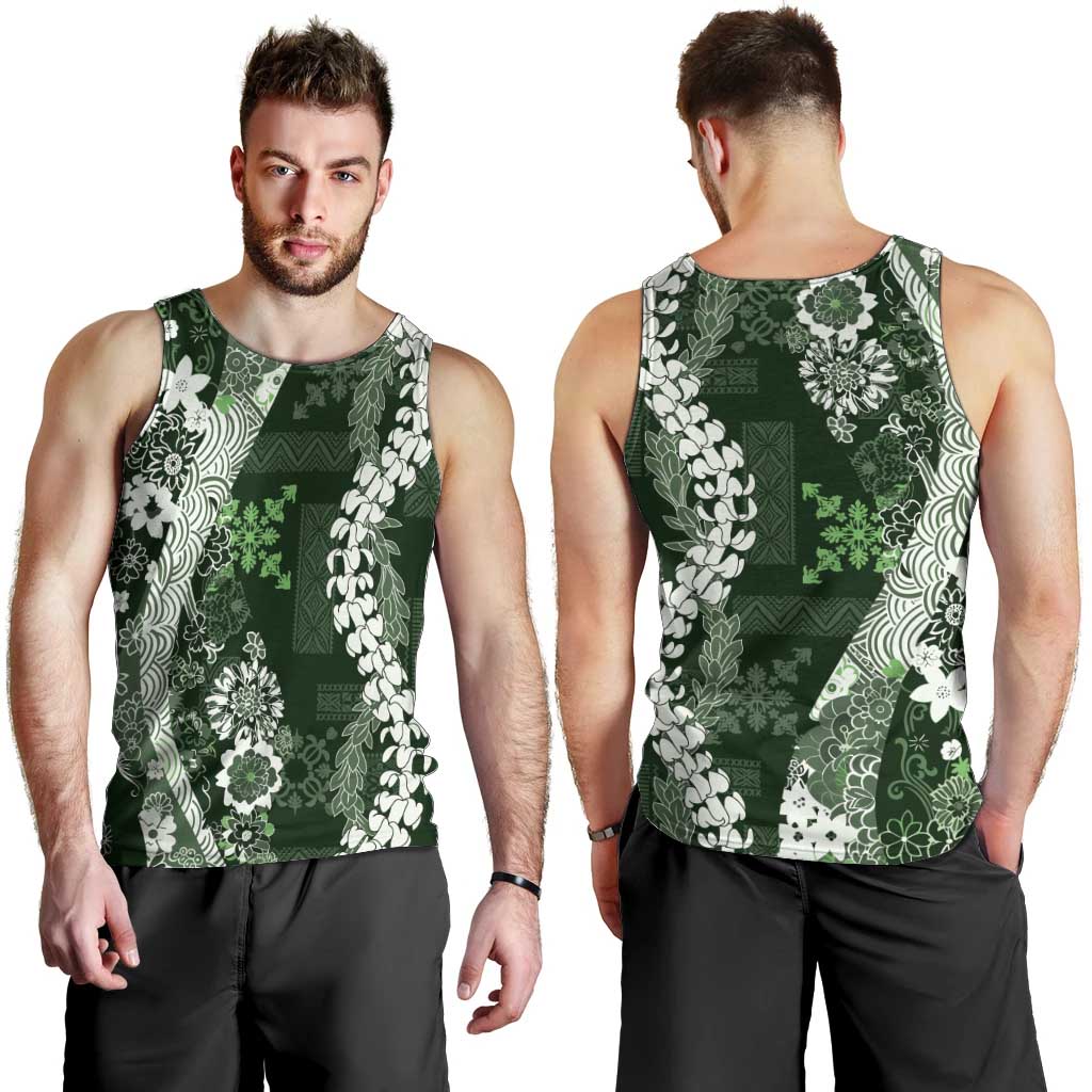 Hawaii Puakenikeni and Maile Lei Men Tank Top Green Japanese Wave Style - Polynesian Pride
