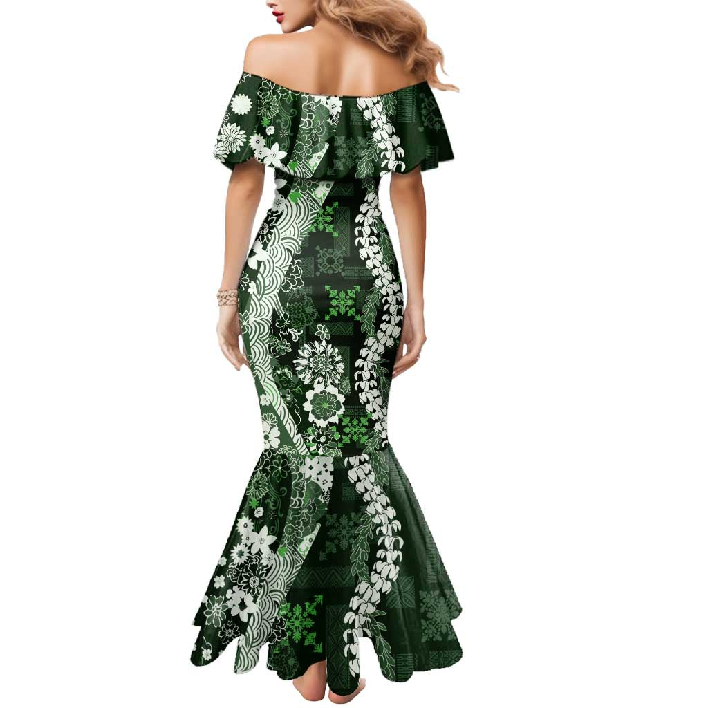 Hawaii Puakenikeni and Maile Lei Mermaid Dress Green Japanese Wave Style - Polynesian Pride