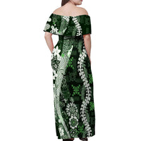 Hawaii Puakenikeni and Maile Lei Off Shoulder Maxi Dress Green Japanese Wave Style - Polynesian Pride