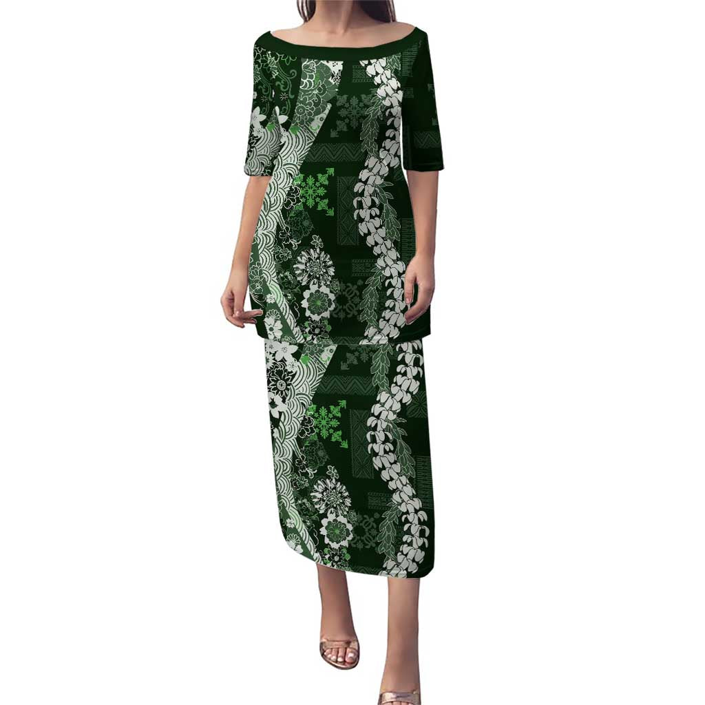 Hawaii Puakenikeni and Maile Lei Puletasi Green Japanese Wave Style - Polynesian Pride