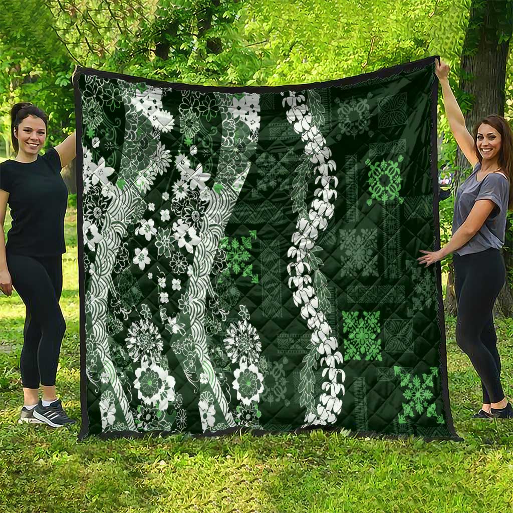 Hawaii Puakenikeni and Maile Lei Quilt Green Japanese Wave Style - Polynesian Pride