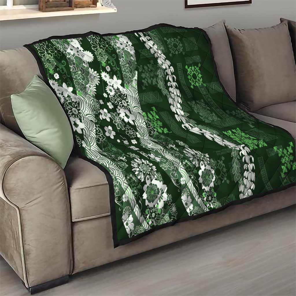 Hawaii Puakenikeni and Maile Lei Quilt Green Japanese Wave Style - Polynesian Pride