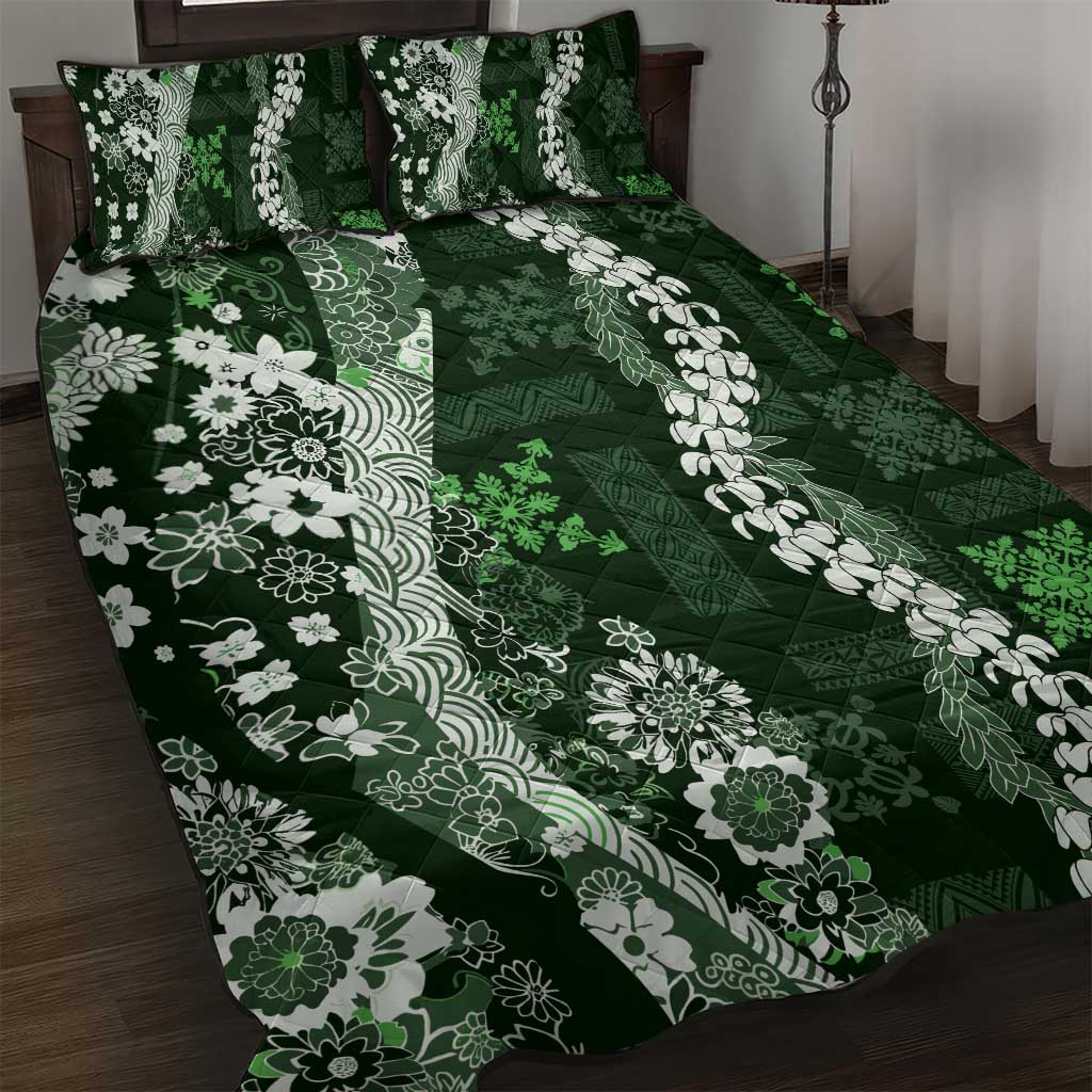 Hawaii Puakenikeni and Maile Lei Quilt Bed Set Green Japanese Wave Style - Polynesian Pride
