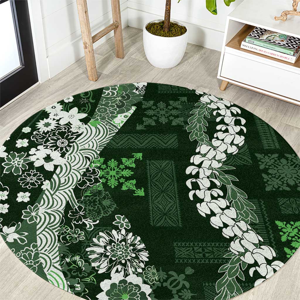 Hawaii Puakenikeni and Maile Lei Round Carpet Green Japanese Wave Style LT9 Green - Polynesian Pride