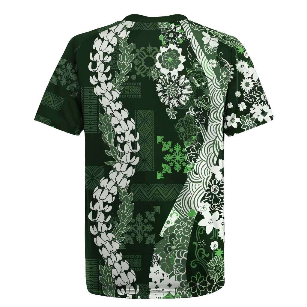 Hawaii Puakenikeni and Maile Lei Rugby Jersey Green Japanese Wave Style - Polynesian Pride