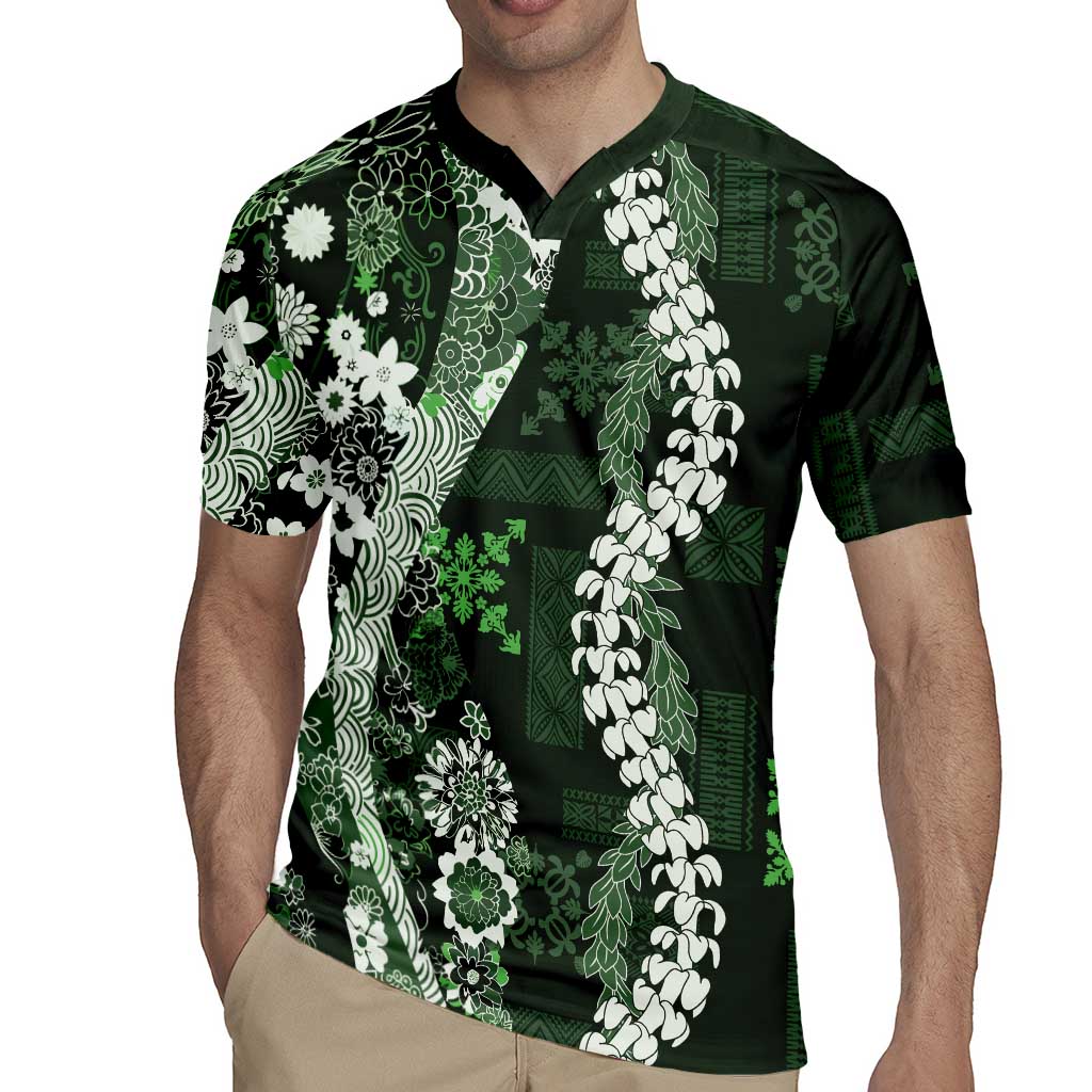 Hawaii Puakenikeni and Maile Lei Rugby Jersey Green Japanese Wave Style - Polynesian Pride