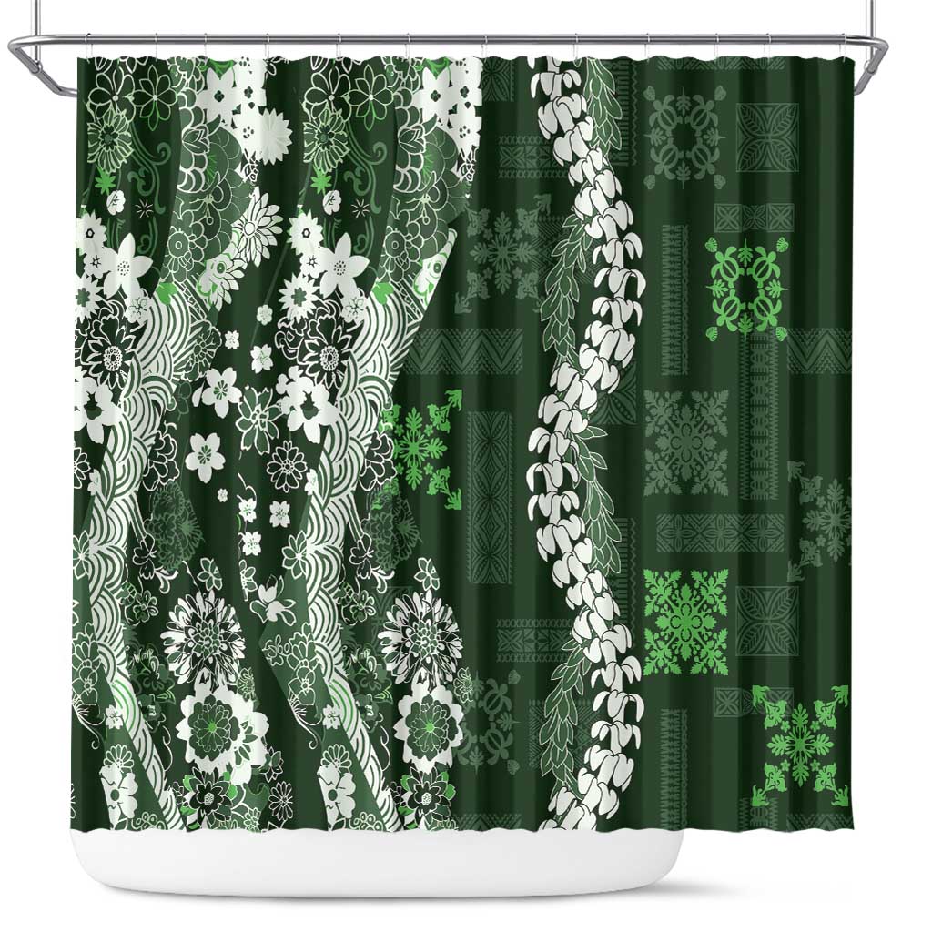 Hawaii Puakenikeni and Maile Lei Shower Curtain Green Japanese Wave Style LT9 Green - Polynesian Pride