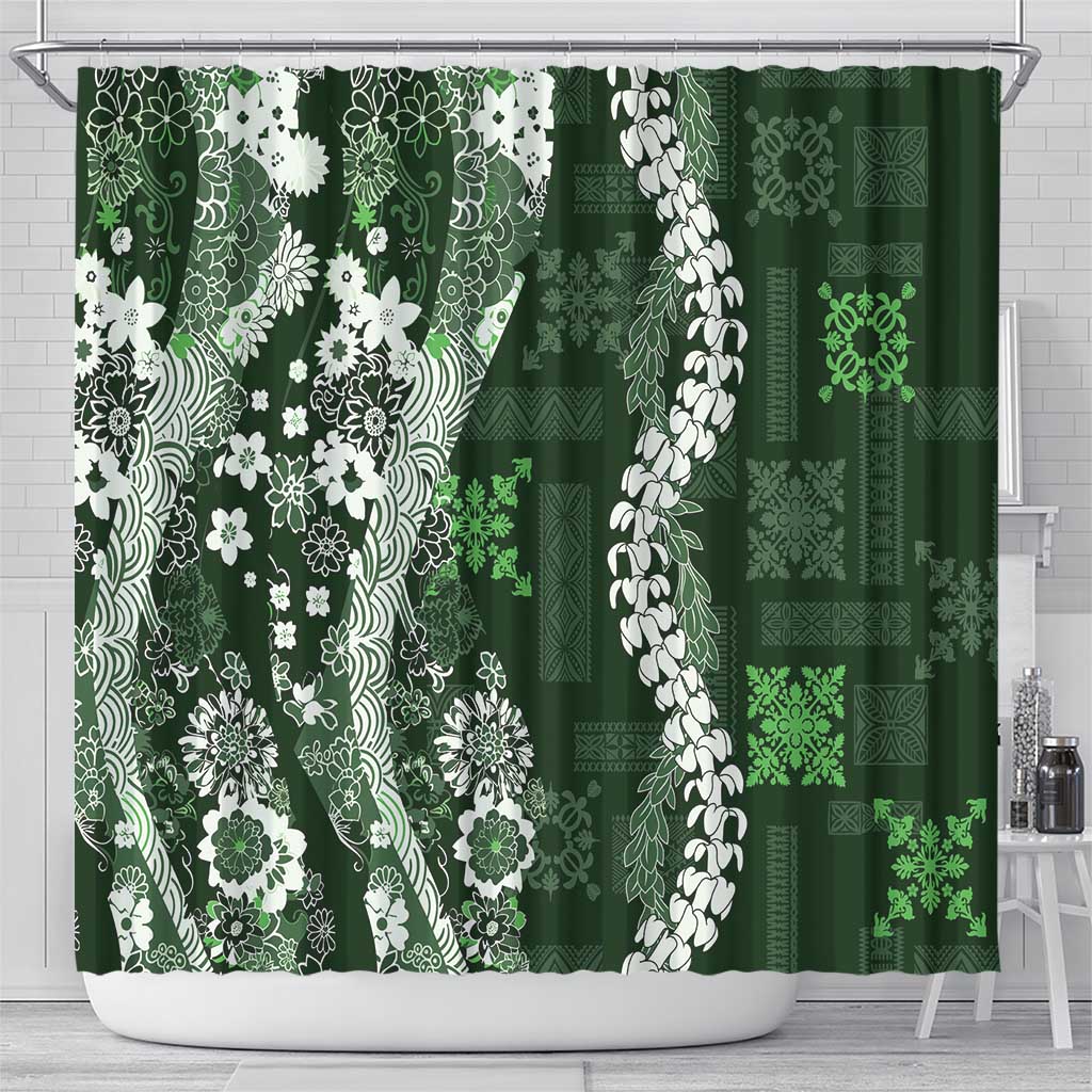 Hawaii Puakenikeni and Maile Lei Shower Curtain Green Japanese Wave Style - Polynesian Pride