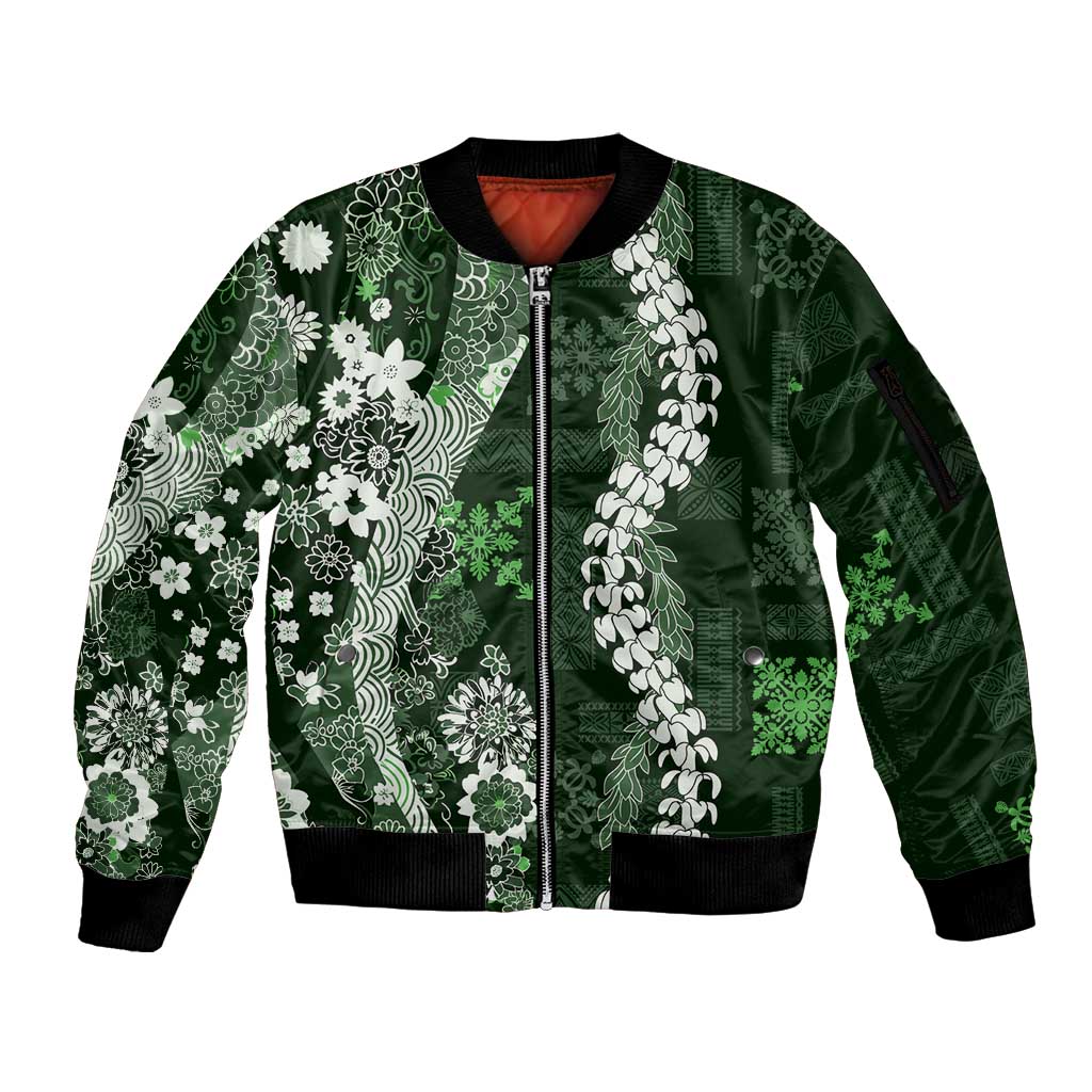 Hawaii Puakenikeni and Maile Lei Sleeve Zip Bomber Jacket Green Japanese Wave Style LT9 Unisex Green - Polynesian Pride