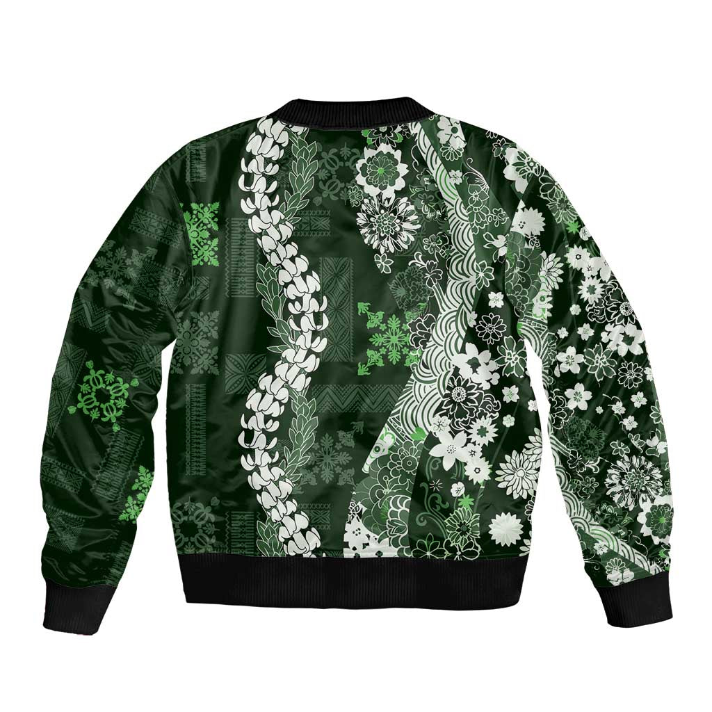 Hawaii Puakenikeni and Maile Lei Sleeve Zip Bomber Jacket Green Japanese Wave Style LT9 - Polynesian Pride