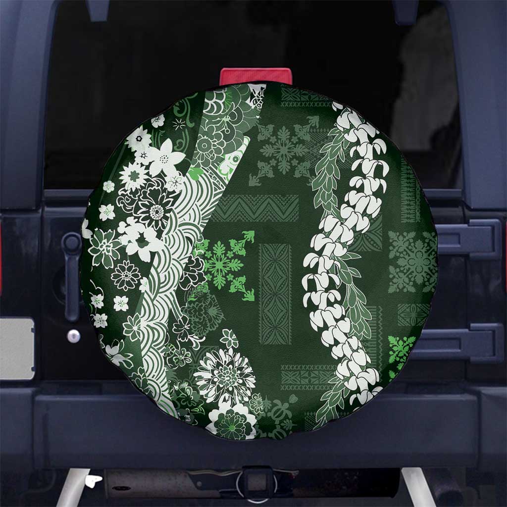 Hawaii Puakenikeni and Maile Lei Spare Tire Cover Green Japanese Wave Style - Polynesian Pride