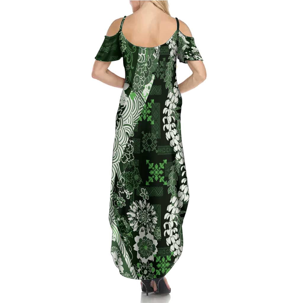 Hawaii Puakenikeni and Maile Lei Summer Maxi Dress Green Japanese Wave Style - Polynesian Pride