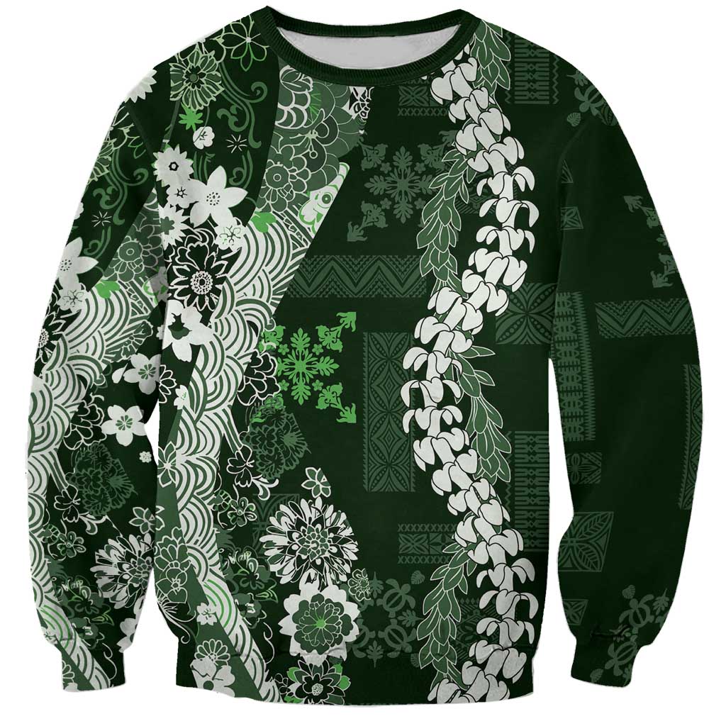 Hawaii Puakenikeni and Maile Lei Sweatshirt Green Japanese Wave Style - Polynesian Pride