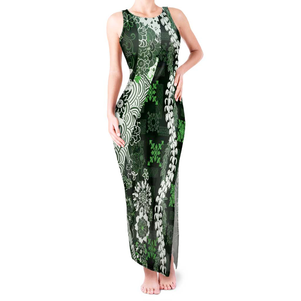 Hawaii Puakenikeni and Maile Lei Tank Maxi Dress Green Japanese Wave Style - Polynesian Pride