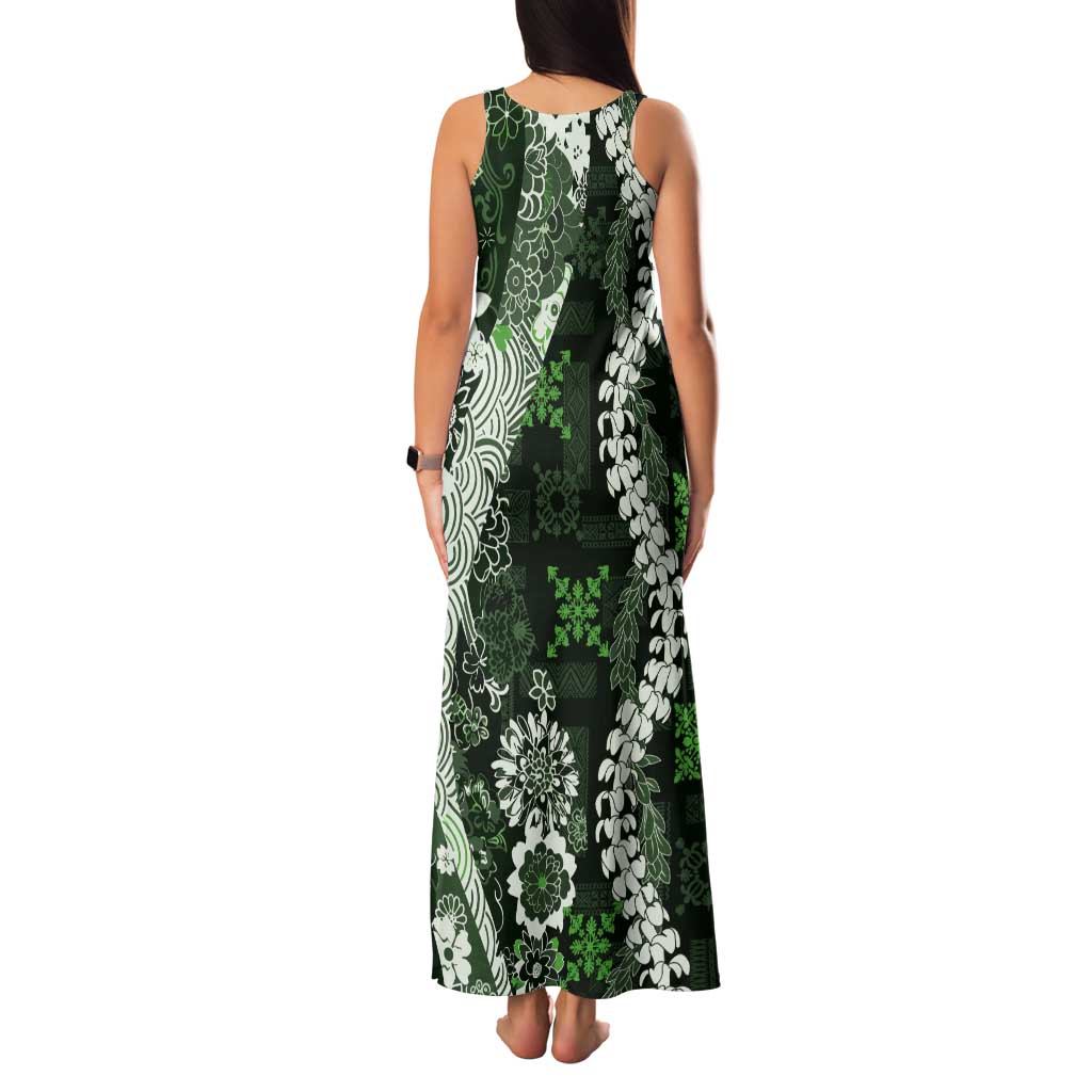 Hawaii Puakenikeni and Maile Lei Tank Maxi Dress Green Japanese Wave Style - Polynesian Pride