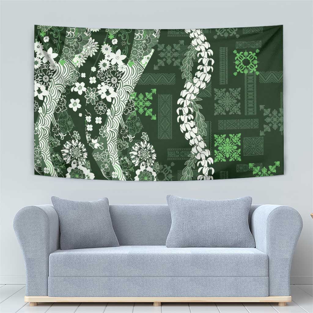 Hawaii Puakenikeni and Maile Lei Tapestry Green Japanese Wave Style - Polynesian Pride