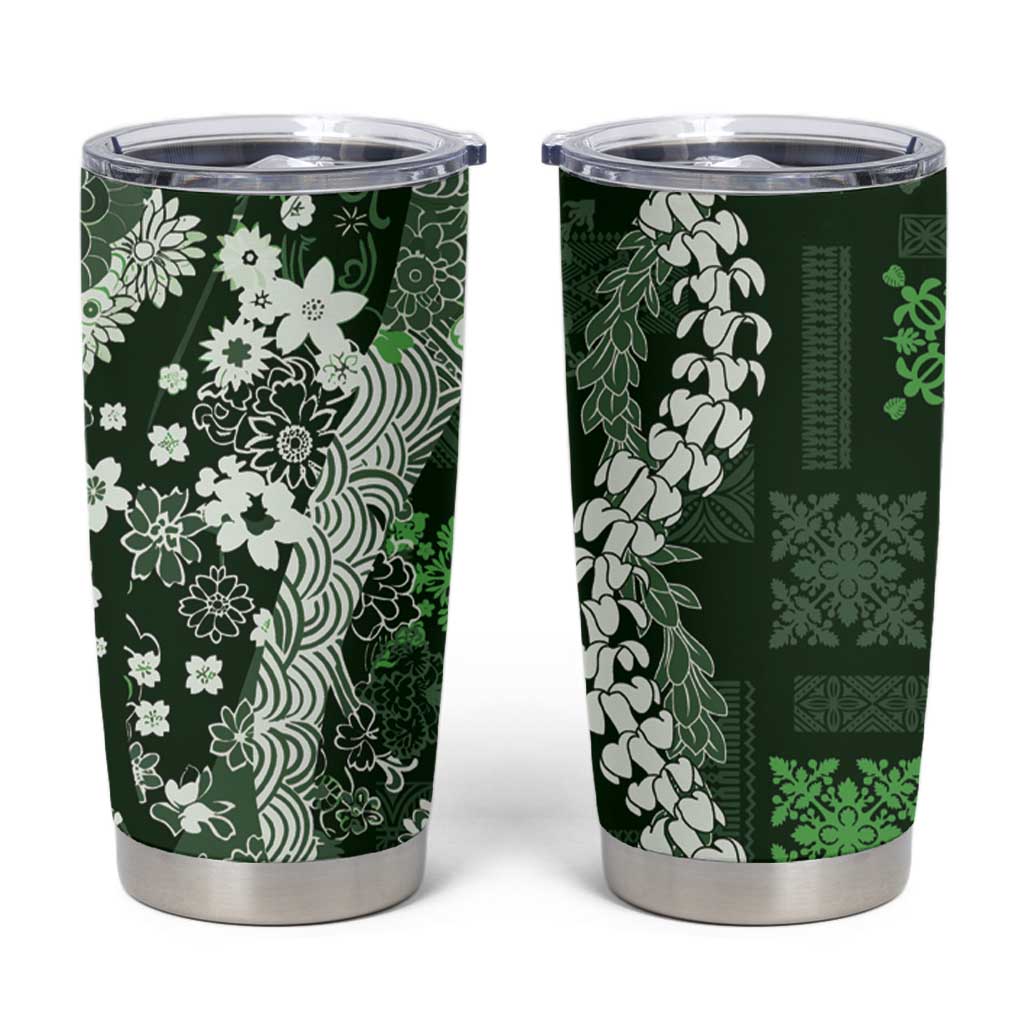 Hawaii Puakenikeni and Maile Lei Tumbler Cup Green Japanese Wave Style - Polynesian Pride