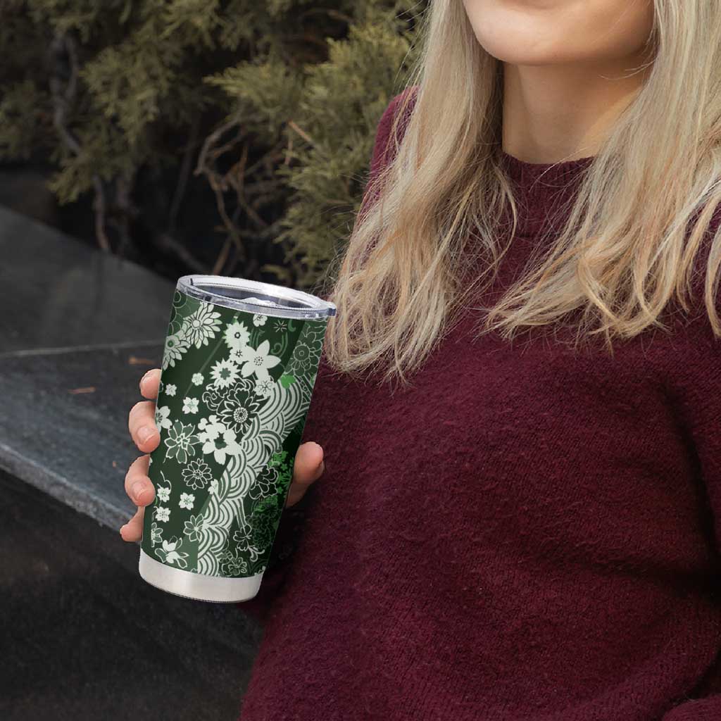 Hawaii Puakenikeni and Maile Lei Tumbler Cup Green Japanese Wave Style - Polynesian Pride