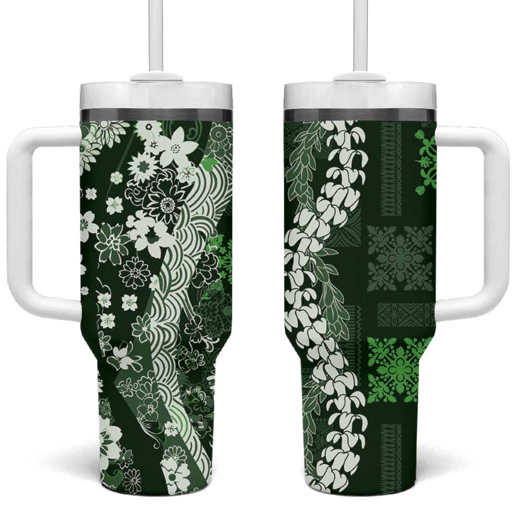 Hawaii Puakenikeni and Maile Lei Tumbler With Handle Green Japanese Wave Style - Polynesian Pride