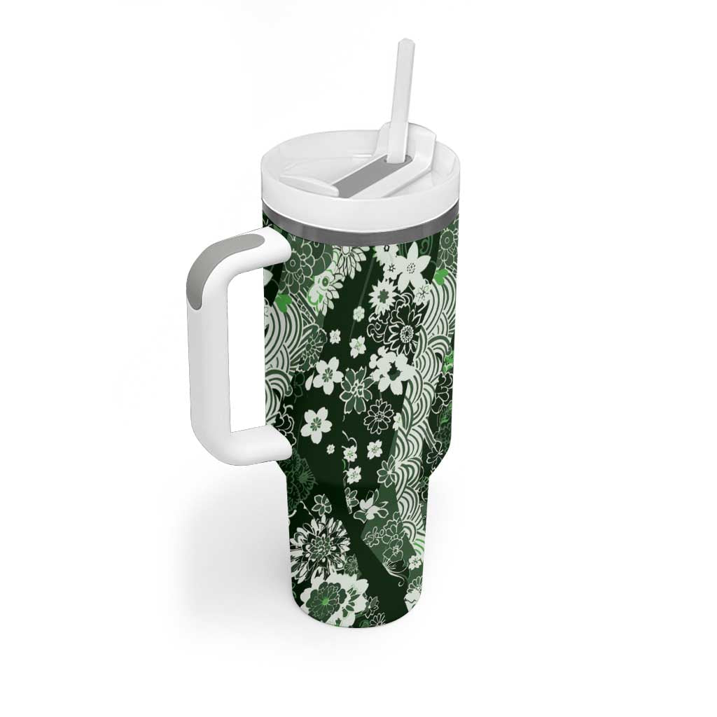 Hawaii Puakenikeni and Maile Lei Tumbler With Handle Green Japanese Wave Style - Polynesian Pride