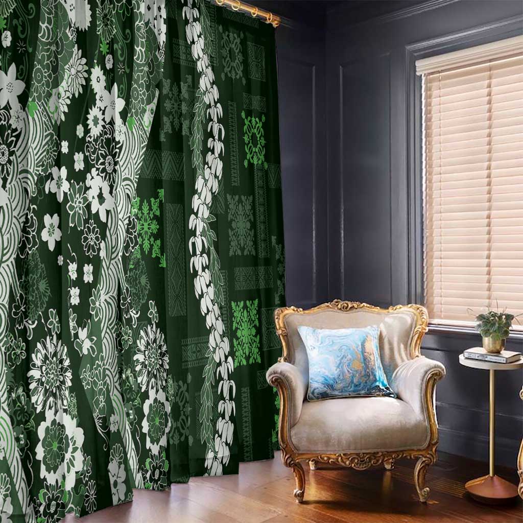 Hawaii Puakenikeni and Maile Lei Window Curtain Green Japanese Wave Style - Polynesian Pride