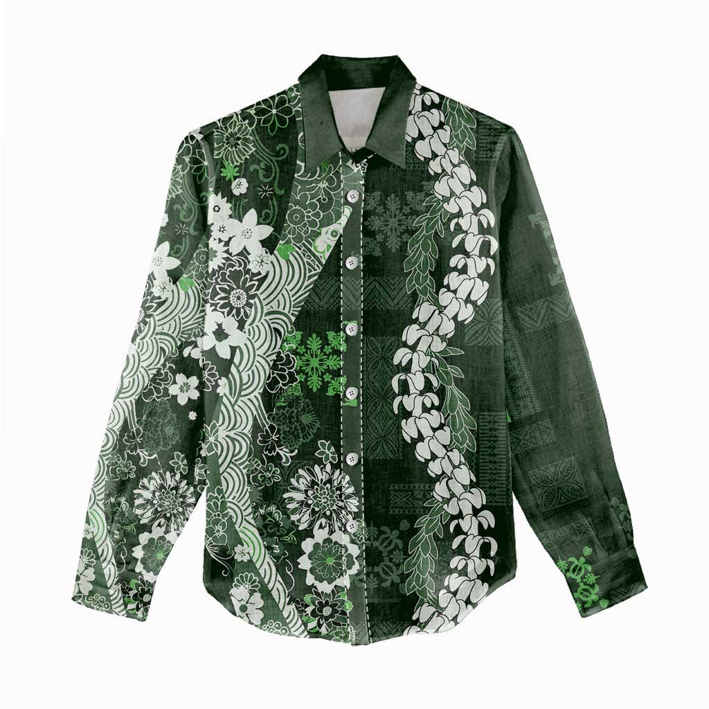 Hawaii Puakenikeni and Maile Lei Women Casual Shirt Green Japanese Wave Style - Polynesian Pride