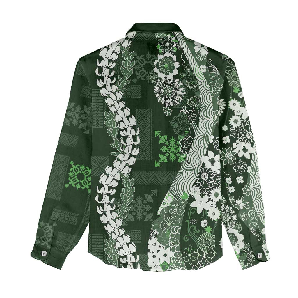 Hawaii Puakenikeni and Maile Lei Women Casual Shirt Green Japanese Wave Style - Polynesian Pride