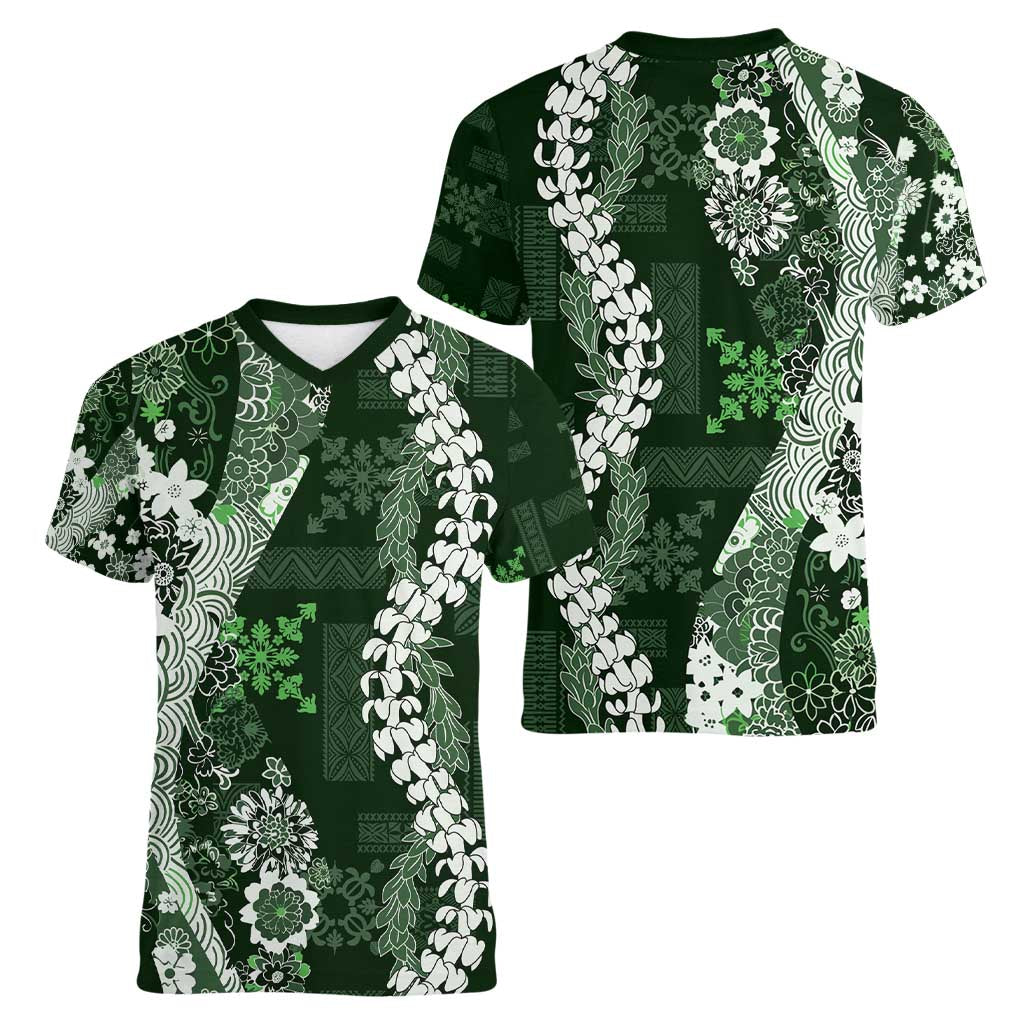 Hawaii Puakenikeni and Maile Lei Women V-Neck T-Shirt Green Japanese Wave Style - Polynesian Pride