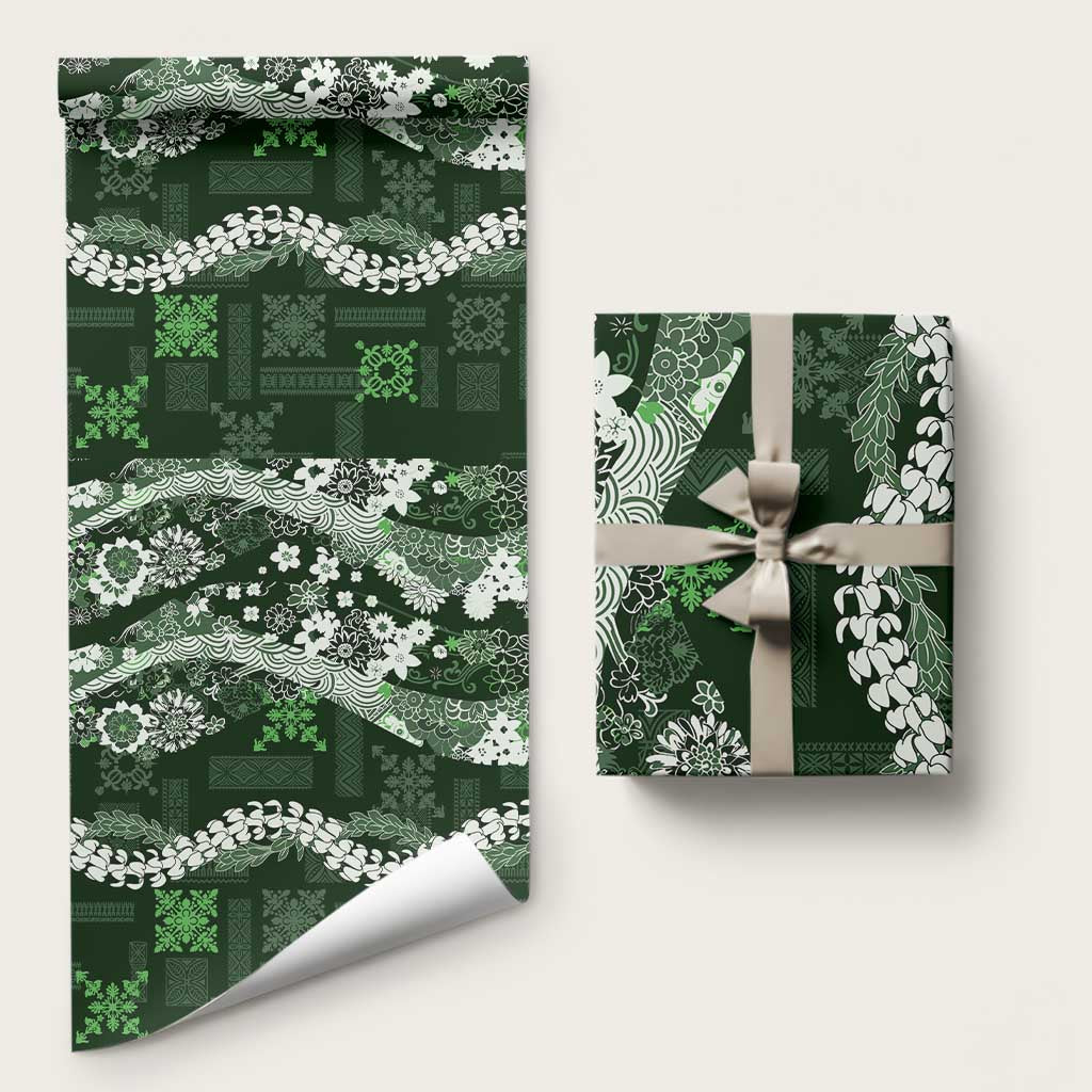 Hawaii Puakenikeni and Maile Lei Wrapping Paper Green Japanese Wave Style LT9 58" × 23" Green - Polynesian Pride