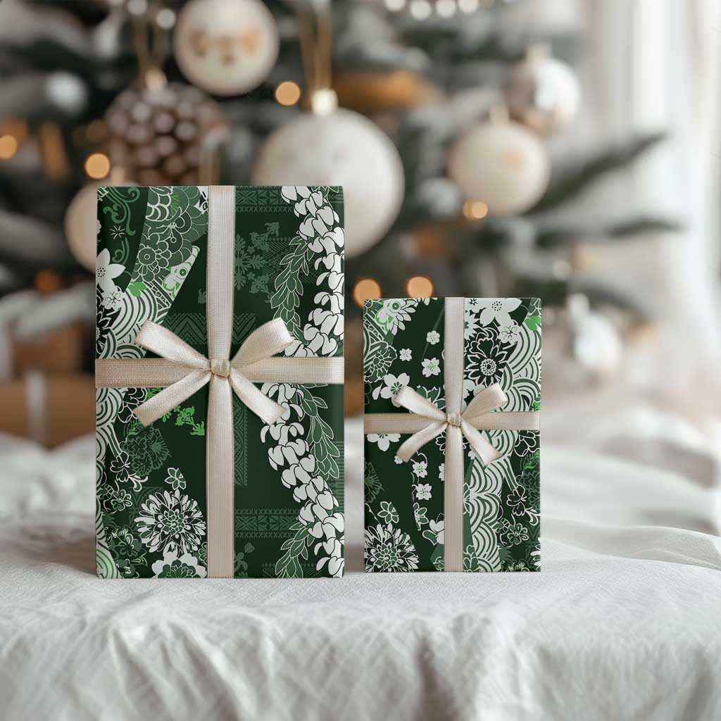 Hawaii Puakenikeni and Maile Lei Wrapping Paper Green Japanese Wave Style - Polynesian Pride
