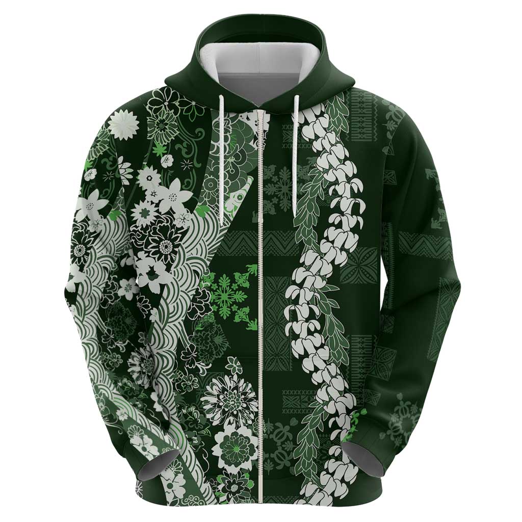 Hawaii Puakenikeni and Maile Lei Zip Hoodie Green Japanese Wave Style - Polynesian Pride