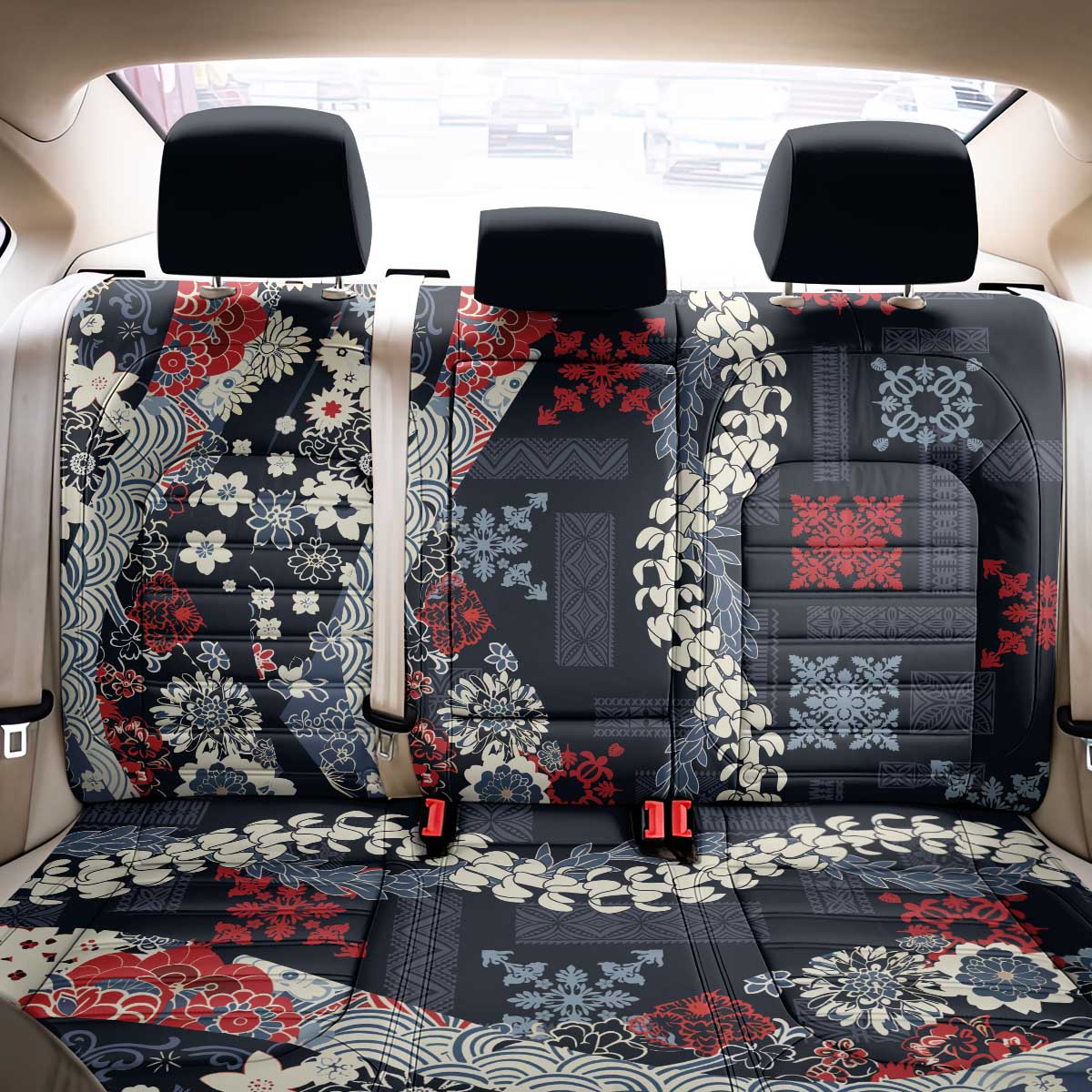 Hawaii Puakenikeni and Maile Lei Back Car Seat Cover Navy Blue Japanese Wave Style LT9 - Polynesian Pride