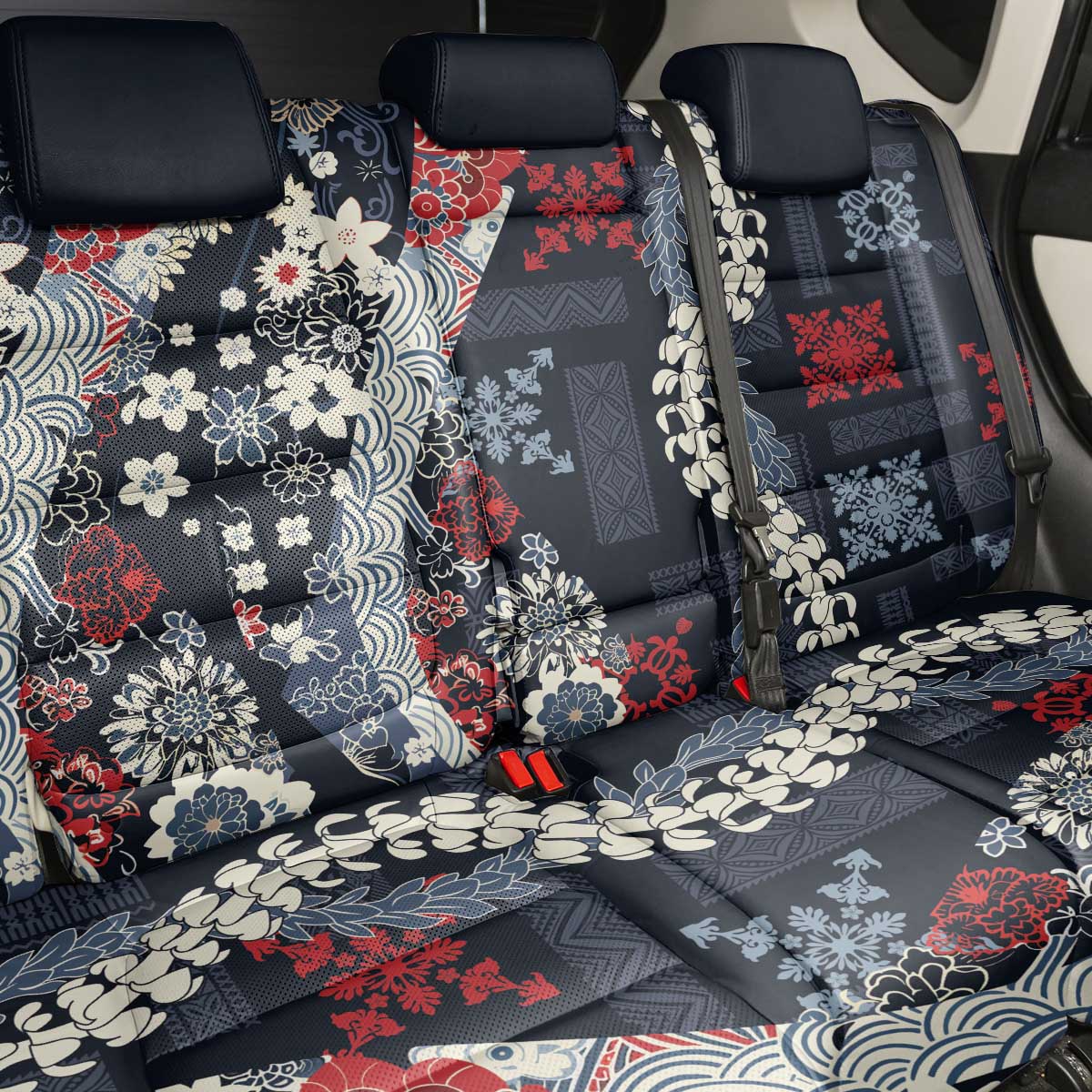 Hawaii Puakenikeni and Maile Lei Back Car Seat Cover Navy Blue Japanese Wave Style LT9 - Polynesian Pride