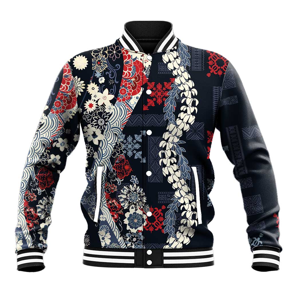 Hawaii Puakenikeni and Maile Lei Baseball Jacket Navy Blue Japanese Wave Style - Polynesian Pride