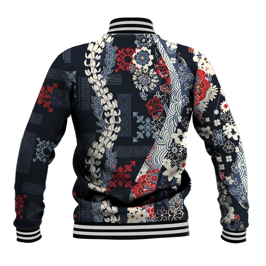 Hawaii Puakenikeni and Maile Lei Baseball Jacket Navy Blue Japanese Wave Style - Polynesian Pride