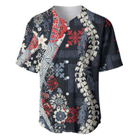 Hawaii Puakenikeni and Maile Lei Baseball Jersey Navy Blue Japanese Wave Style - Polynesian Pride