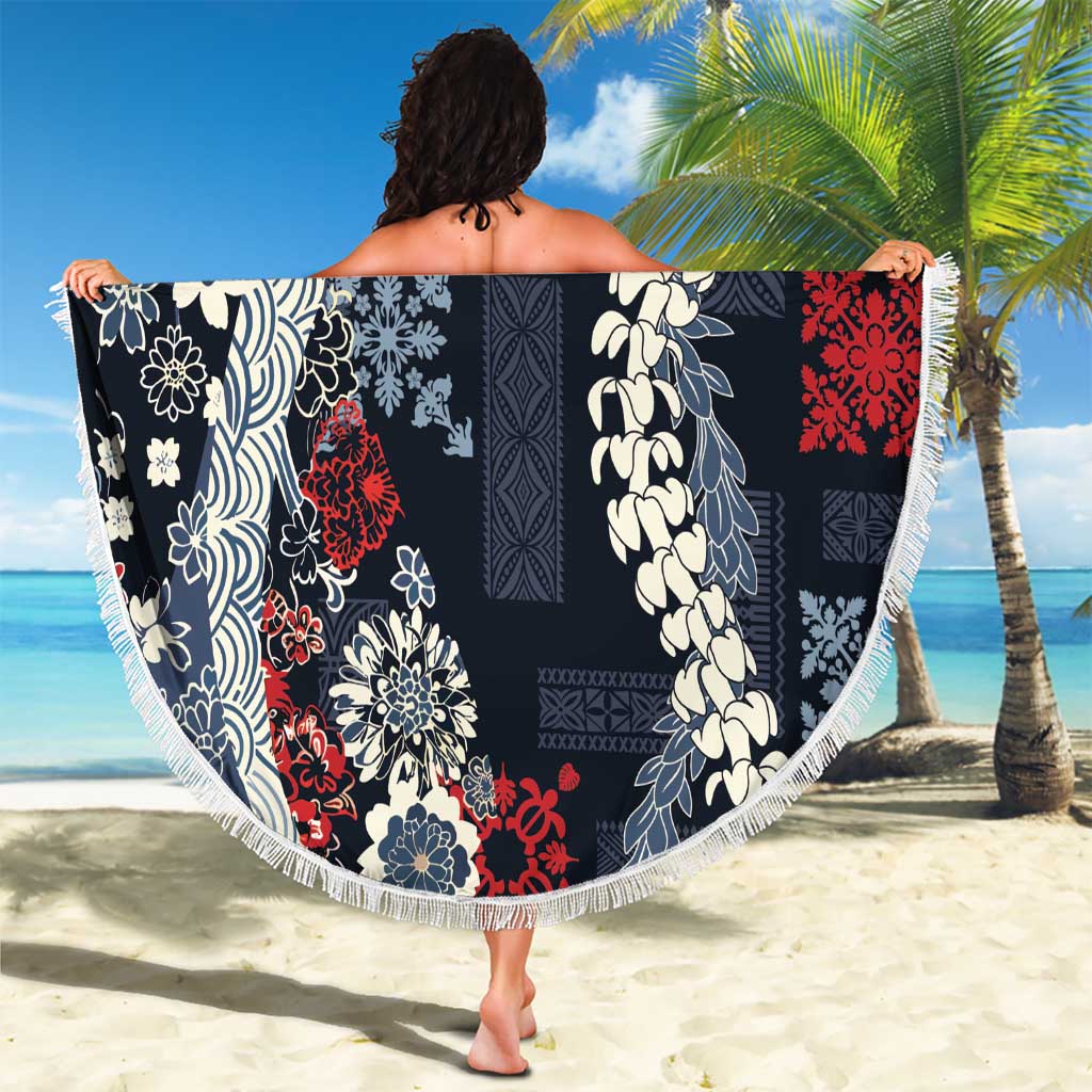 Hawaii Puakenikeni and Maile Lei Beach Blanket Navy Blue Japanese Wave Style - Polynesian Pride