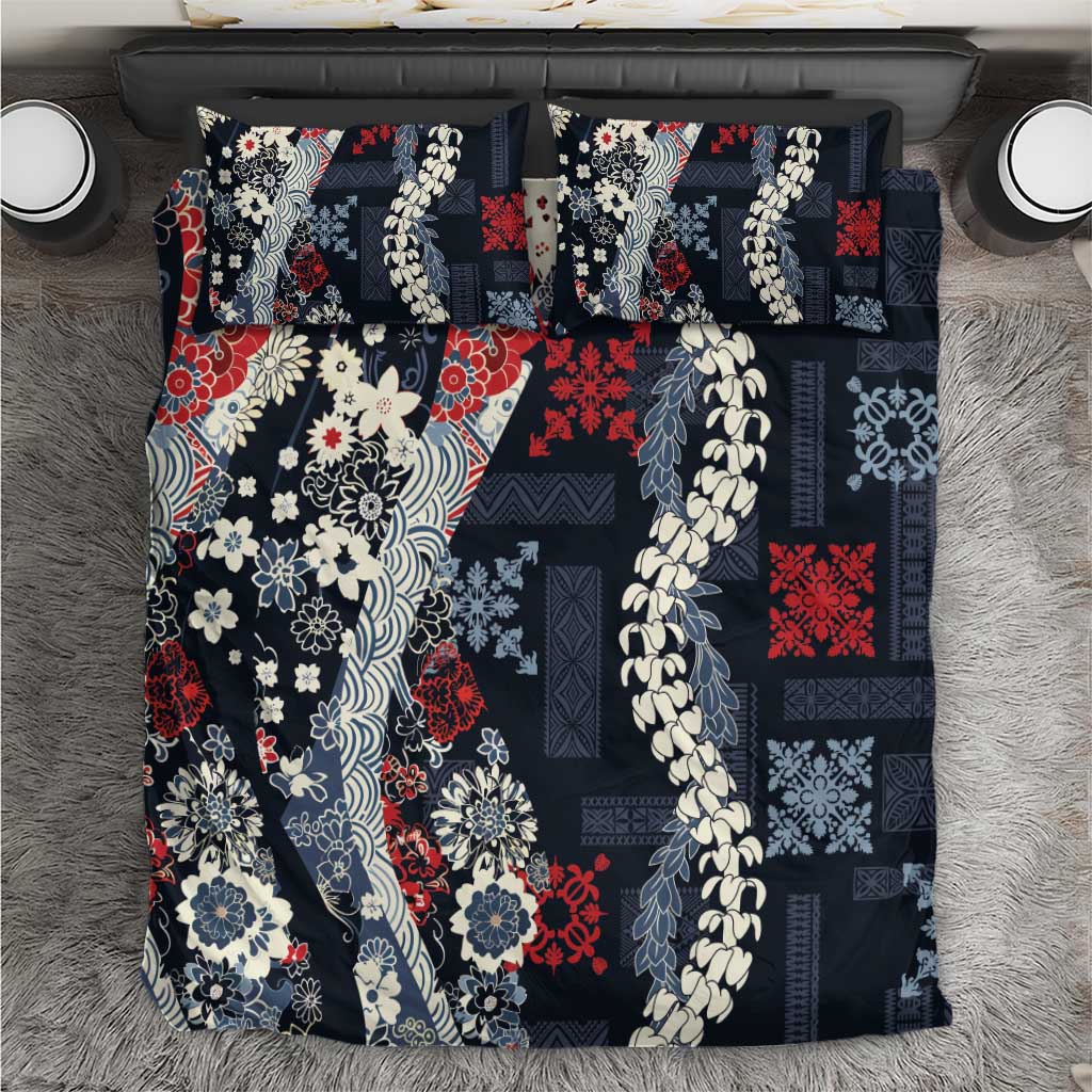 Hawaii Puakenikeni and Maile Lei Bedding Set Navy Blue Japanese Wave Style - Polynesian Pride